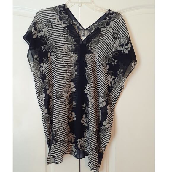 CABi Yacht Blue Floral Striped Sheer Lightweight Blouse size M GUC 5024 - Picture 1 of 6